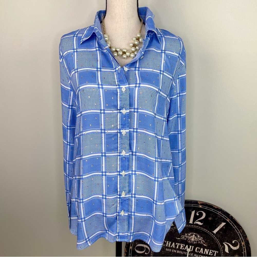 Rochelle Behrens The Boyfriend Shirt blue white plaid gold oversized size M